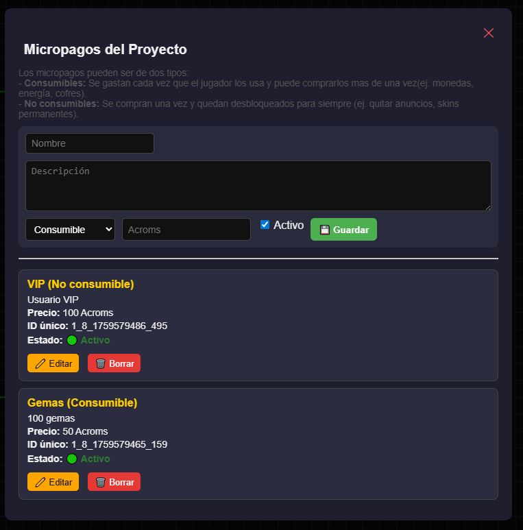 Microtransaction creation panel